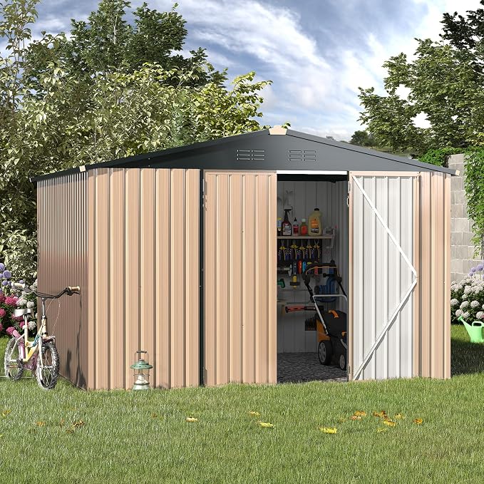 AECOJOY 8' x 10' Outdoor Storage Metal Shed, Steel Yard Garden Sheds & Outdoor Storage Clearance with Design of Lockable Doors, Utility and Tool Storage for Garden, Backyard, Patio, Outside use - Image 4
