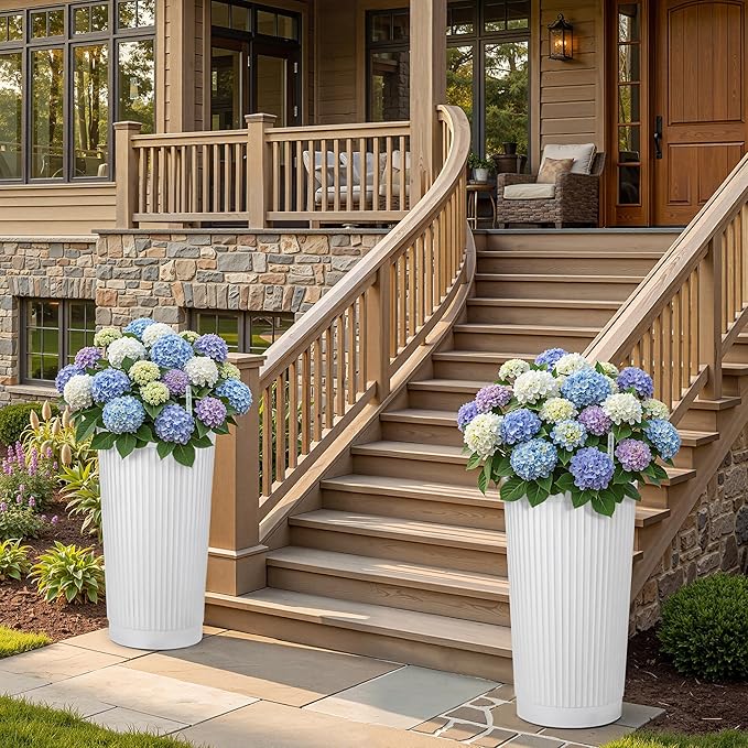 2-Pack 24in Round Plastic Planters with Self-Watering System and Vertical Ribbed Design – Perfect for Home, Patio, Garden Plants