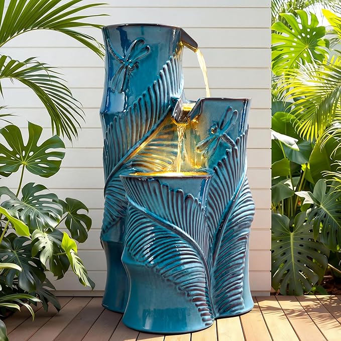 25.5" H Ceramic Outdoor Water Fountain with LED Lights, 3-Tier Bamboo-Style Water Feature with Leaf & Dragonfly Patterns, Soothing Tranquil Waterfall for Garden, Patio & Yard, Teal Blue