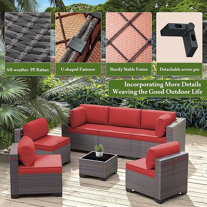 14 Pieces Outdoor Patio Furniture Set,Outdoor Sectional Furniture All Weather PE Rattan Wicker Patio Conversation Set with 2 Coffee Tables and 12 Thickened Cushions,Red