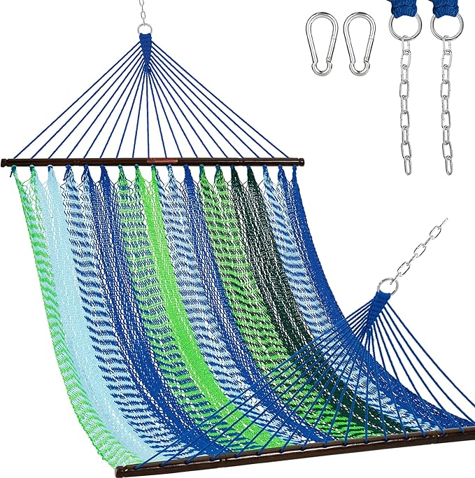Lazy Daze Hammocks 10.5 FT Double 2 Person Caribbean Rope Hammock, Hand Woven Polyester Hammock with Spreader Bars, for Outside Outdoor Backyard Patio Poolside, 450 LBS Capacity, Blue/Green by LazyDazeHammocks
