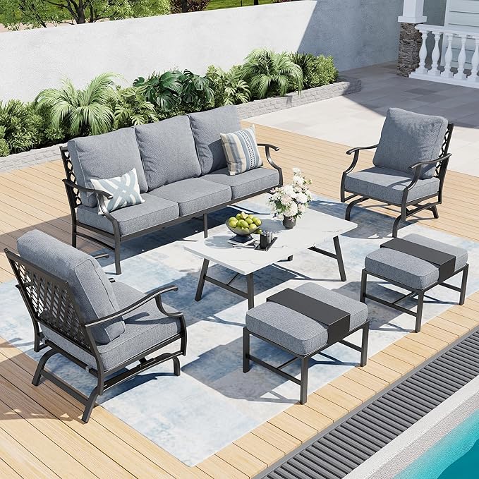 6 Piece Metal Outdoor Patio Furniture Set, Patio Conversation Set 1 3-seater Sofa, 2 Rocking Chair, 2 Ottomans with 5.75" Thick Cushion and Coffee Table, Black Backyard Furniture, Gray