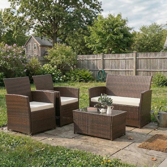 FHFO 4 Piece Outdoor Patio Furniture Sets, Wicker Conversation Sectional Set, Rattan Chairs with Table and Loveseat for Balcony Porch Backyard (Brown-Beige)