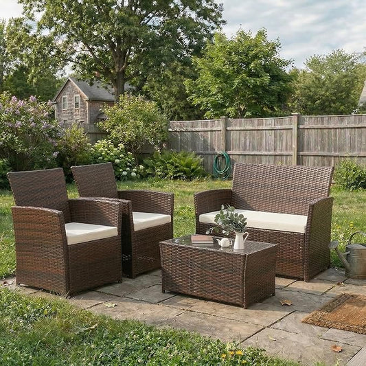 FHFO 4 Piece Outdoor Patio Furniture Sets, Wicker Conversation Sectional Set, Rattan Chairs with Table and Loveseat for Balcony Porch Backyard (Brown-Beige)