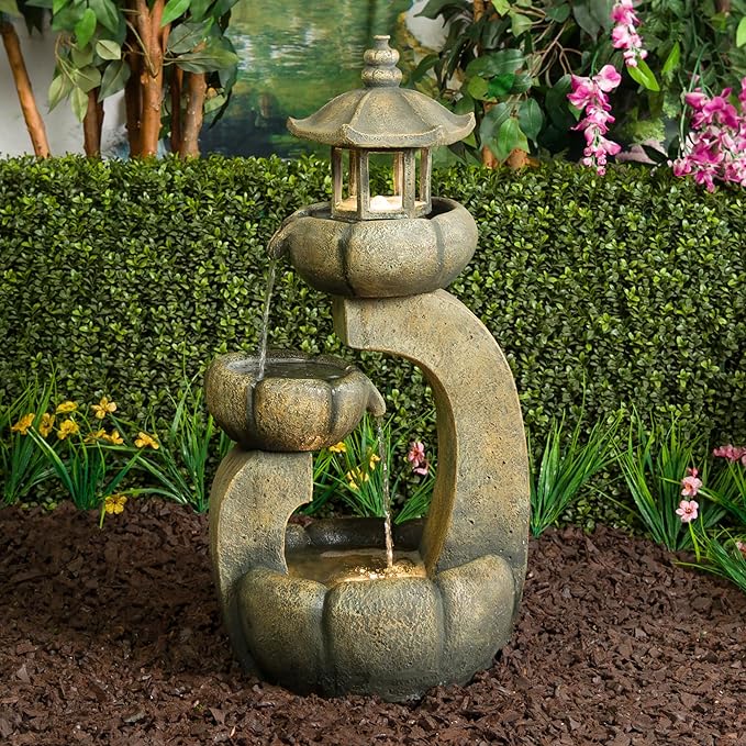 Alpine Corporation 32" Tall 2-Layer Pagoda Polystone Fountain with LED Lights, Cascading Waterfall, Outdoor Garden and Patio Water Feature, Zen Decor, Relaxing Sound, Brown