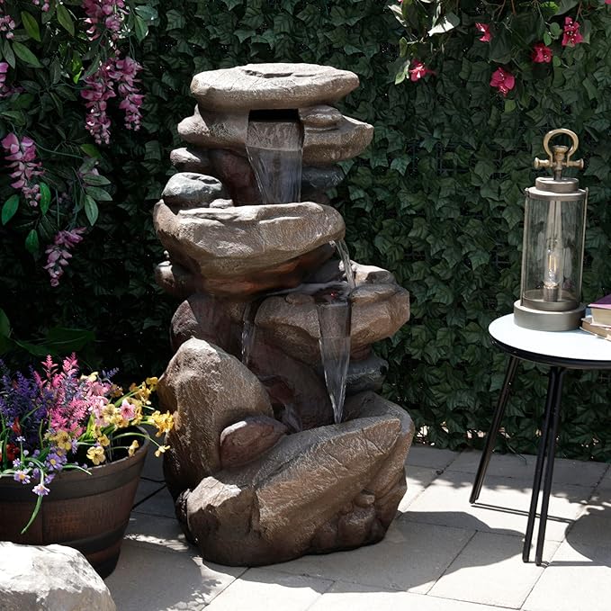 Alpine Corporation 40" Tall Floor Fountain, Tiered Rock Water Feature with Color-Changing LED & Remote, Cascading Streams for a Tranquil Garden, Patio, Yard, Deck, or Porch, Light Brown
