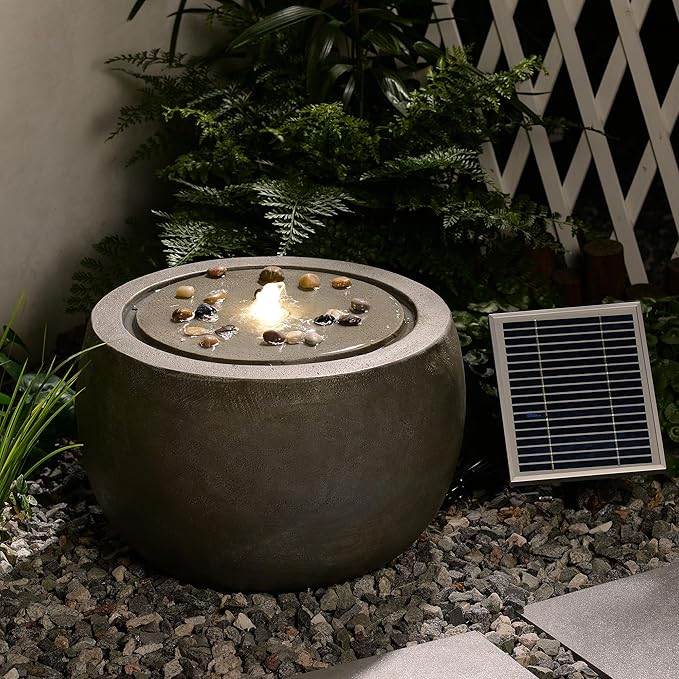 Solar Water Fountain Outdoor Garden Bubbler Water Feature Fountains Solar Powered with Pebbles for Patio Deck Yard Home Decor Gray, 18 "L x 18" W x 11.5" H