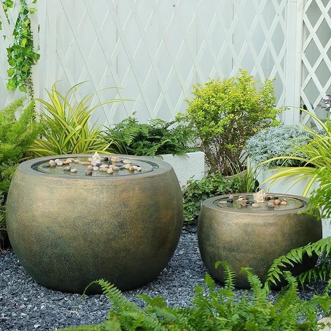 Garden Water Fountain Outdoor Bubbler Water Feature Indoor with Lights & Pump and Pebbles Waterfall Fountains Concrete Effect for Patio Deck Yard Home Decor Gold, 18 "L x 18" W x 11.5" H