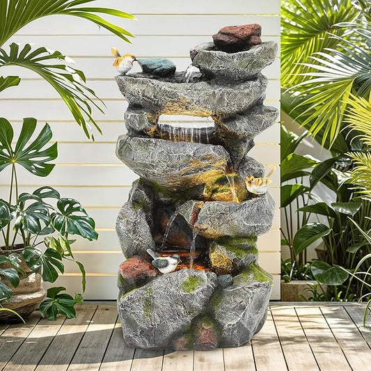 31.5" H Multi-Tier Rock Outdoor Water Fountain with LED Lights and Pump, Garden Fountain Waterfall for Patio, Porch, or Yard