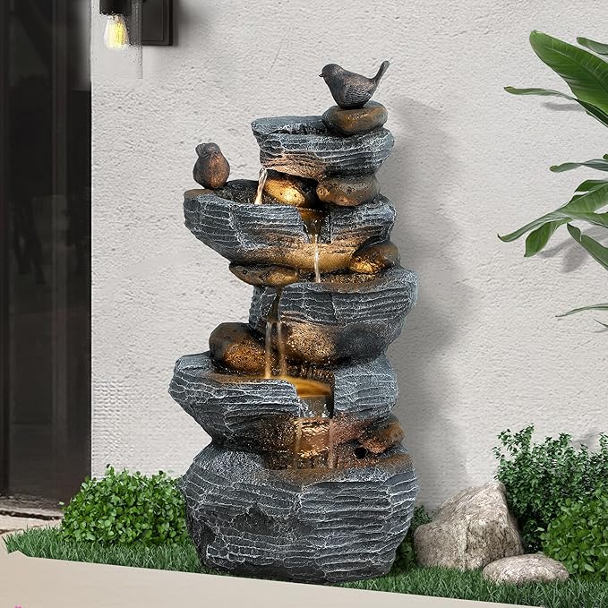 5-Tiers Cascading Rock Water Fountain Outdoor - Waterfalls Fountains with LED Lights, Outdoor/Indoor Resin Water Feature Fountain for Patio, Garden, Backyard, Deck, Porch, Home Docor