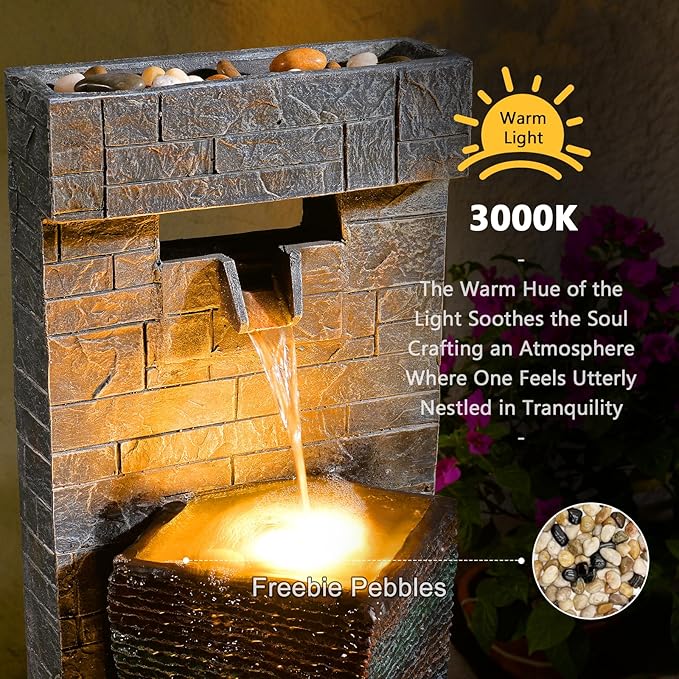 39.8" H Large Modern Indoor Water Fountains Floor Standing Waterfall Fountain for Indoor or Outdoor with LED Lights and Pump for Deck, Patio, Porch, Garden, Yard Decor