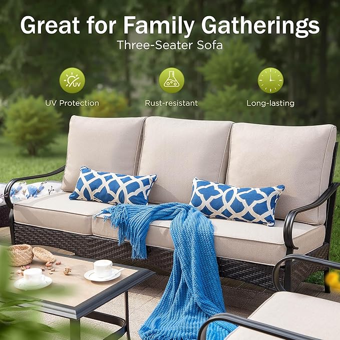 PHI VILLA 4-Piece Patio Sofa with 56" Fire Pit Table, Premium Wicker Metal Frame with Upgraded Waterproof Thick Cushions for Porch, Poolside, Deck, Beige