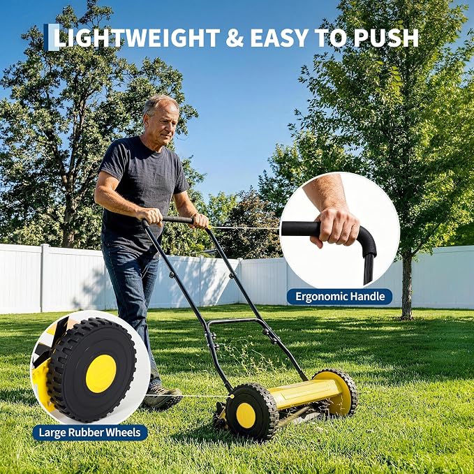 14" 5-Blade Push Reel Lawn Mower, Manual Push Mower with Adjustable Cutting Height, Compact Lawnmower for Small to Medium Yard and Field, Lightweight Hand Reel Push Mower, Yellow - Image 6