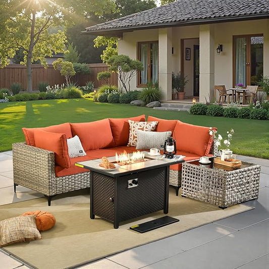 6 Pcs Patio Furniture with Fire Pit Table, Outdoor Rattan Wicker Conversation Set with Glowing Coffee Table, Comfy Sectional Sofa for Porch Balcony Backyard Pool, Orange