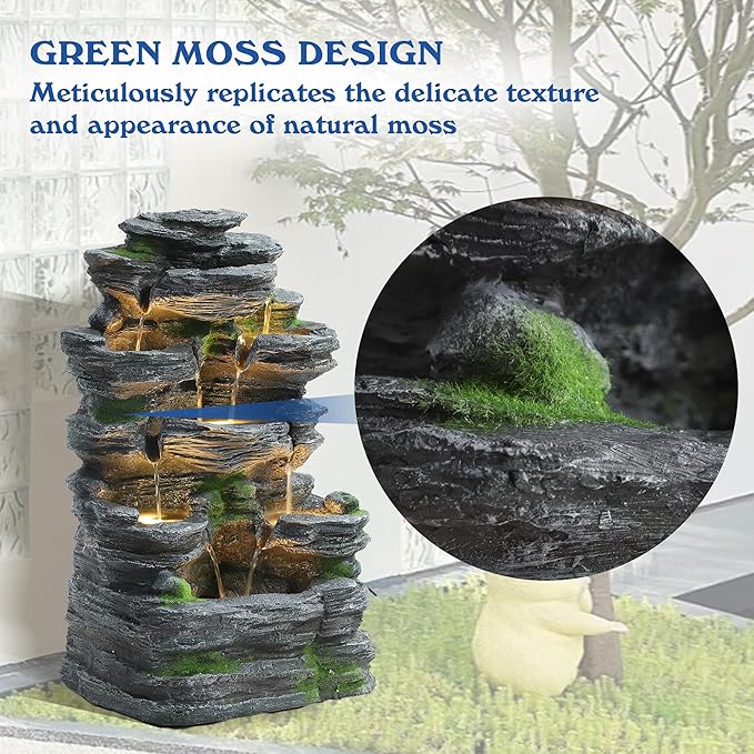 7-Tiers Garden Waterfall Fountain Outdoor - Water Fountains and Waterfalls, Outdoor/Indoor Floor Style Resin Fountain with LED Light for Patio, Garden and Backyard, Deck, Porch, Home