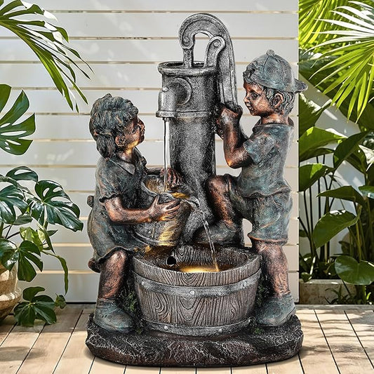 26" Outdoor Fountain, 3-Tier Boy-Girl Playing with Faucet Water Feature with LED Lights, Antique Resin Soothing Cascading Waterfall for Patio, Backyard, Garden or Porch
