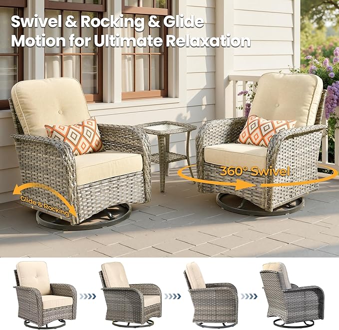 5 Pieces Wicker Patio Furniture Set, High Back Swivel Rocker Chairs Outdoor Loveseat Sofa and Rattan Coffee Table, Outdoor Conversation Sets for Porch Deck Backyard Poolside, Beige
