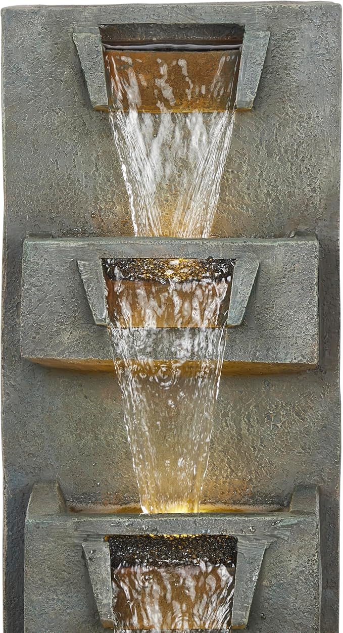 Alpine Corporation TZL406 33" 3 Tier Basin Cascading Fountain with LED Lights, Outdoor Water Feature for Garden, Patio, Backyard & Home Decor, Elegant Waterfall Design, Gray