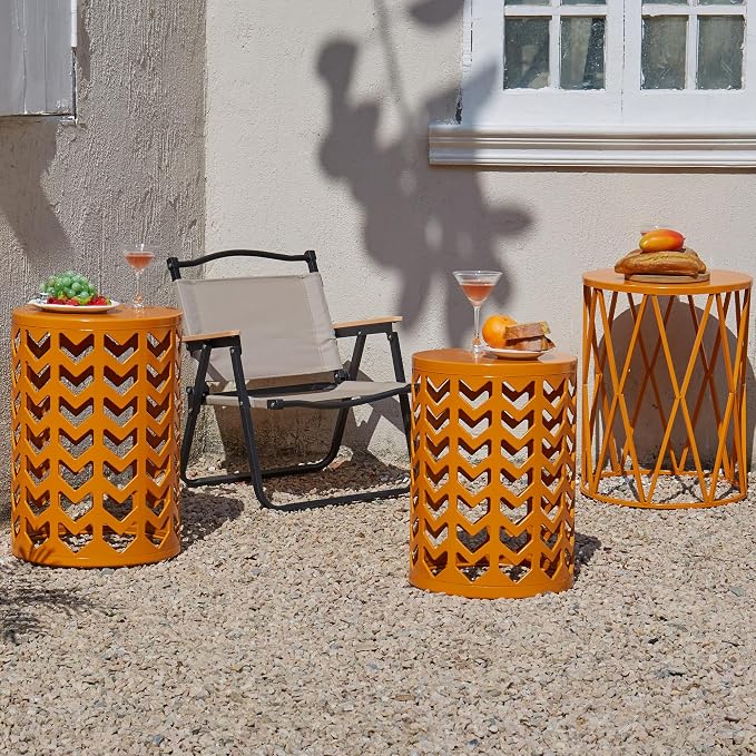 Y&M Set of 3 Metal Round Table, Coffee Table End Table for Indoor Outdoor Multifunctional Use, Heavy Duty Metal Plant Stand Decorative Garden Stool- Orange - Image 2