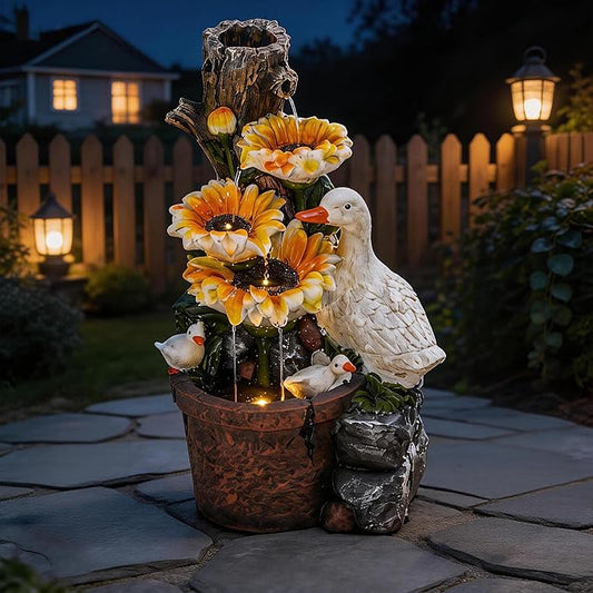 19" Water Fountain Indoor Outdoor, 4-Tier Sunflower & Duck Design with LED Lights and Cascading Waterfalls, Rustic Decor for Garden, Yard, Patio, Flowerbed & Farmhouse