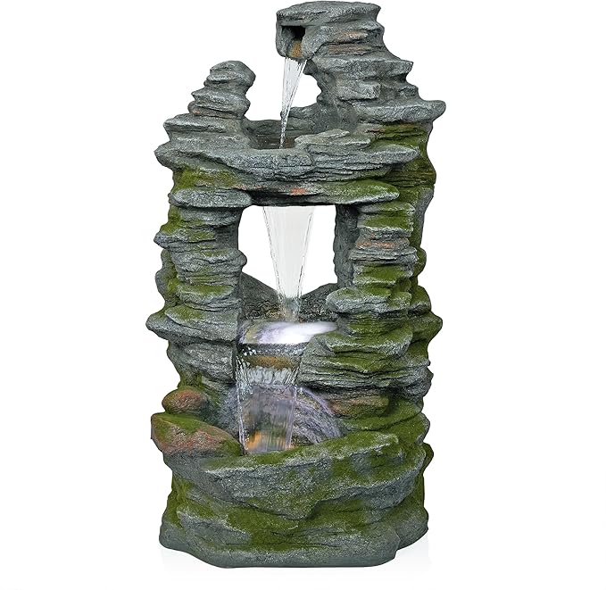 Alpine Corporation WIN1648 39" Stacked Stone Rainforest Fountain with Cool White LED Lights – Cascading Waterfall Feature for Garden, Patio, and Outdoor Décor