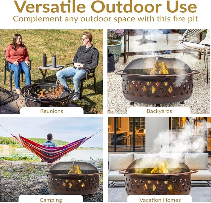 Sunnydaze Crossweave Outdoor Fire Pit - Wood-Burning Fire Pit for Outside with Spark Screen, Poker and Round Cover - 36-Inch - Bronze - Image 6