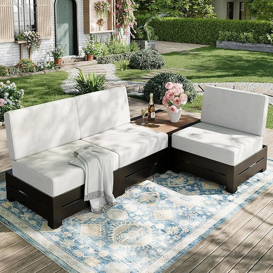 4-Piece Outdoor Patio Furniture Set, Steel Sectional Patio Conversation Sets, All-Weather Outdoor Sectional Furniture with Waterproof Thick Cushions for Porch, Garden, Backyard, Deck, Beige