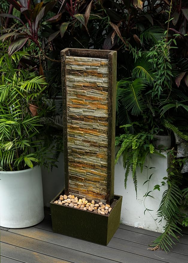 Cheng Pin Indoor Water Fountain -Staggered Stone Wall Design,Create Relaxing Ambiance to Decor Your Living Room,Office,Bedroom Or Outdoor Garden with Waterfall Water Feature and LED Lights,38in. Tall