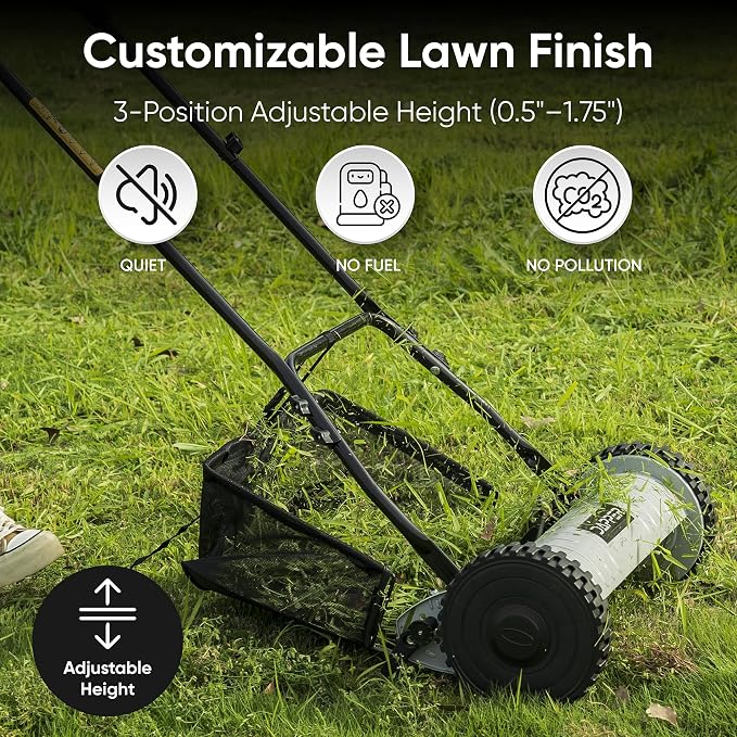 16" Push Reel Lawn Mower with Grass Catcher – Manual 5-Blade Hand Mower, Adjustable 3-Position Cutting Height (0.5"–1.75"), Lightweight & Eco-Friendly – 1-Year Warranty - Image 2