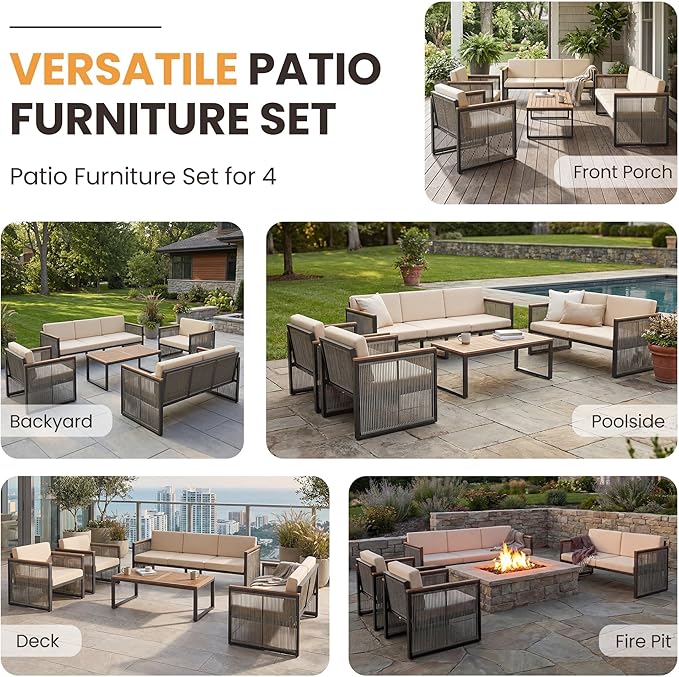 5 Piece Patio Conversation Set for 7, Modular Patio Sofa Couch with Cushions, Rattan Outdoor Patio Furniture Set with Loveseat/Coffee Table, Outdoor Sectional Furniture for Deck/Porch, Beige
