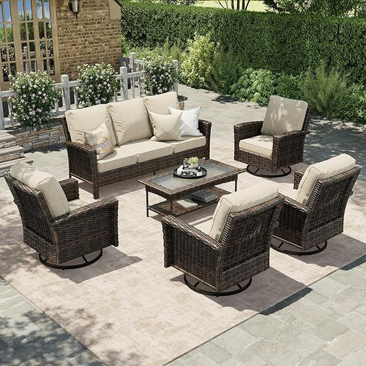 Luxury Patio Furniture Set with 5.5" Thick Cushion, Outdoor Wicker Conversation Set, 4 x High Back Swivel Patio Chairs with Tempered Glass Table, Waterproof 3-Seat Sofa for Deck Lawn Deck Yard, Beige