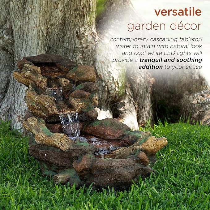 Alpine Corporation TZL288 Indoor/Outdoor Cascading Stone River Waterfalls Floor Fountain with LED Lights, 40 inches Long, Brown