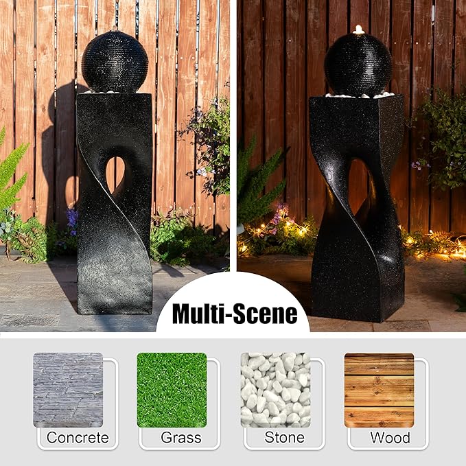 Glitzhome Water Fountain Outdoor, Outdoor Fountain with Lights, 40.5" H Modern Large Geometric Pedestal and Sphere Polyresin Outdoor Water Feature with Pump for Garden, Patio, Backyard, Porch (Black)