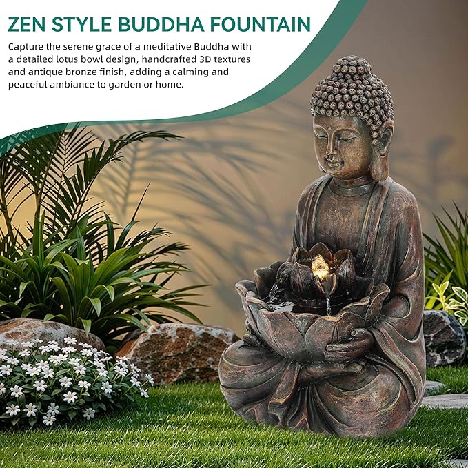 29" Outdoor Fountain, Zen Meditating Buddha Water Feature with LED Lights, Resin Lotus Soothing Cascading Waterfall for Patio, Backyard, Garden or Porch