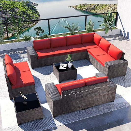 Kullavik Outdoor Patio Furniture Set 12 Pieces Sectional Rattan Sofa Set Brown PE Rattan Wicker Patio Conversation Set with 10 Red Seat Cushions and 2 Tempered Glass Table
