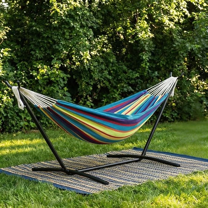 Double Hammock with Steel Stand - 2 Person Hammock Bed Indoor Outdoor, Brazilian-Style, with Carry Bag, 450lb Capacity, Portable & Easy Assembly, Tropical by IDEALHOUSE