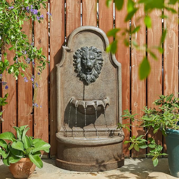 Glitzhome 3-Tier Outdoor Water Fountain with LED Light, Oversized Vintage European Style Lion Head Waterfall Fountains, Rustic Faux Granite Fountain for Garden Patio Deck Porch, 31.75”H