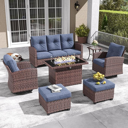 LayinSun 7 Pieces Patio Furniture Set with Swivel Chairs, Rattan Wicker Rocking Glide Chairs with 44" Propane Gas Fire Pit Table Conversation Set