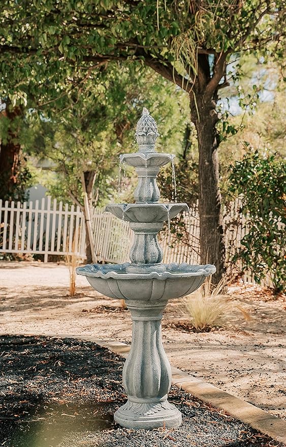 XBrand 51" 3-Tier Outdoor Freestanding Waterfall Fountain with Pump and Pineapple Finial, Gray