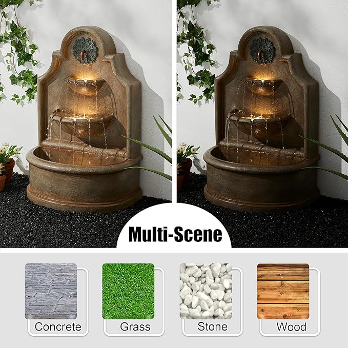 Glitzhome 37.25" H Outdoor Garden Water Fountain with LED Lights and Pump, Oversized Antique European Style 3-Tier Polyresin Cascading Floor-Standing Fountain for Porch Deck Patio Backyard Decoration