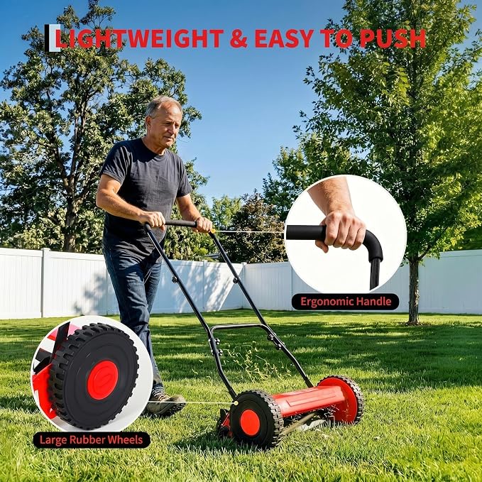 14" Push Lawn Mower, Manual Hand Push Lawn Mower Without Grass Catcher, Lightweight & Portable Walk-Behind Mower for Small Yards, Garden & Patio - Image 6