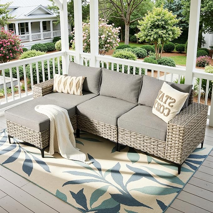 Patio Furniture Set, 4 Pieces Outdoor Wicker Conversation Sets with Coffee Table Outdoor Sectional Sofa for Balcony Backyard Poolside Garden Lawn (Gray)