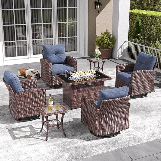 LayinSun 7 Pieces Patio Furniture Set with Swivel Chairs, Rattan Wicker Rocking Glide Chairs with 44" Propane Gas Fire Pit Table Conversation Set