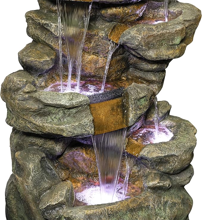 Alpine Corporation 51" Tall 6-Tier Outdoor Rainforest Waterfall Floor Fountain, Weather-Resistant Design with Color-Changing LED Lights & Remote Control, Gray
