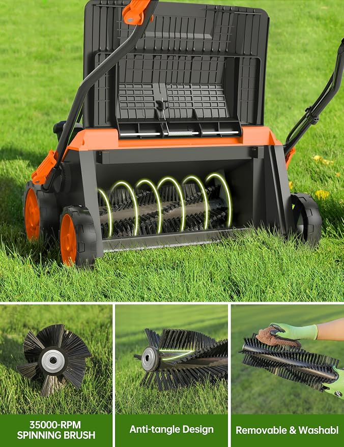 16” Artificial Turf Vacuum,1800w Grass Sweeper 15 Amp Lawn Sweeper Yard Power Brush with 55L Removable Leaf Collection Bag, Quick-Fold, Keeps Clear Sweepy Box, Hesperidium - Image 4