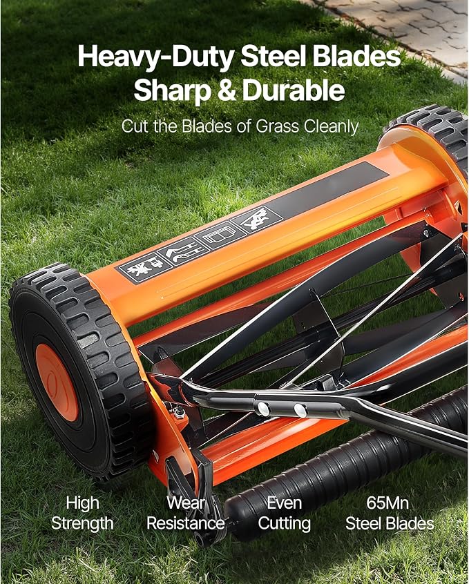 16-Inch Push Reel Lawn Mower, 5-Blade Design, Adjustable Cutting Height from 0.6 to 1.75 Inches, Includes Grass Catcher for Effortless and Even Trimming - Image 4