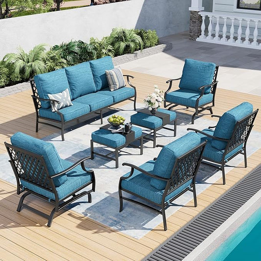 7 Piece Metal Outdoor Patio Furniture Sets, Patio Conversation Sets 3-seater Sofa, 2 Fixed Chair, 2 Rocking Chair, 2 Ottomans with 5.75" Thick Cushion, Black Backyard Furniture, Blue-2