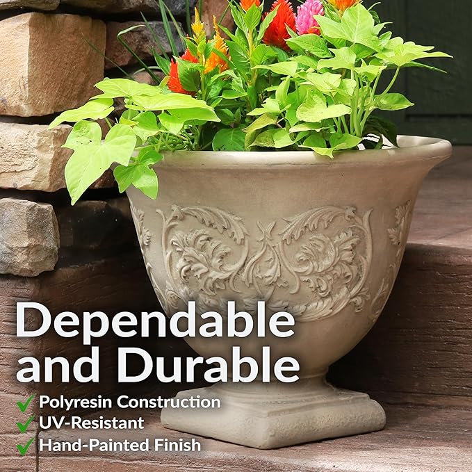 Sunnydaze 16-Inch Darcy Round Plant Pot - Polyresin Large Outdoor Urn Planter with Drillable Drainage Hole - 4 Pack - Beige