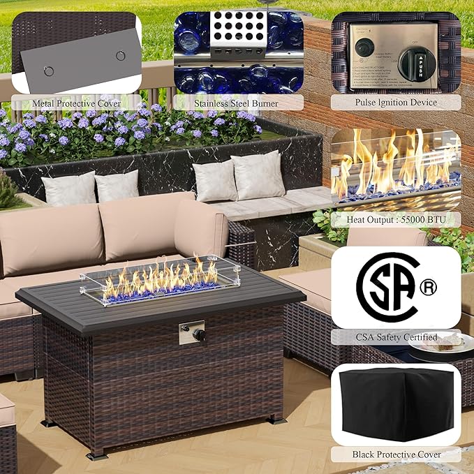 15 Pieces Outdoor Patio Furniture Set,Outdoor Sectional Furniture with 43" 55000 BTU Gas Propane Fire Pit Table,All Weather PE Rattan Wicker Patio Conversation Set,Sand