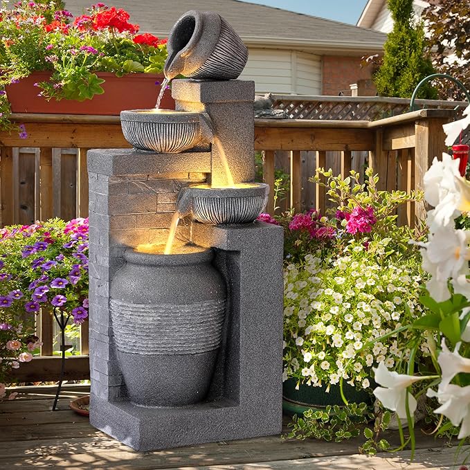4-Tier Outdoor Indoor Water Feature Fountain, 32" H Indoor Cascading Waterfall with 3 LED Lights, Floor Standing Garden Fountain for Garden, Deck, Backyard, Patio, Yard (Grey)